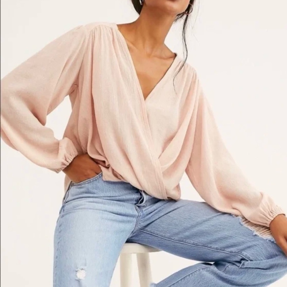Free People Soft Pink Check on It Faux Wrap Blouse